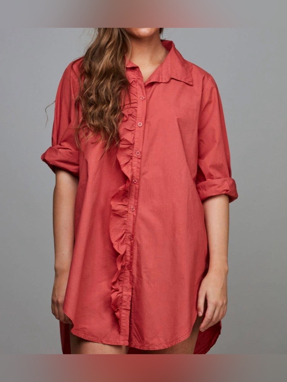 Women’s Ruffled Front Casual Shirt Dress - Coral- OS See Measurements